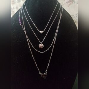 Cool Boho Silvertone, Purple Bead & Heart Pendant Multi Strand Layered Necklace!